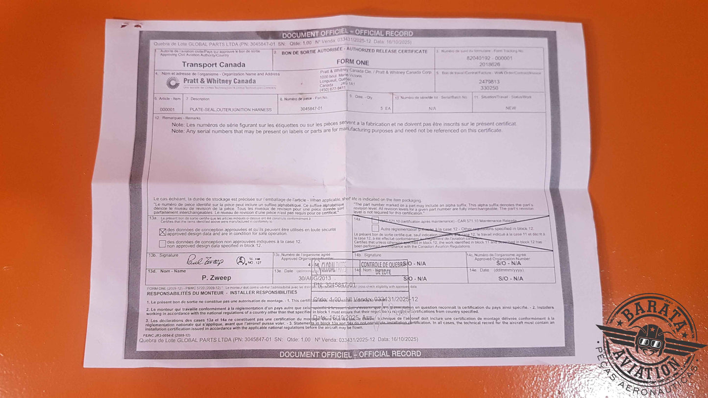 3045847-01 Pratt & Whitney Plate-Seal -New