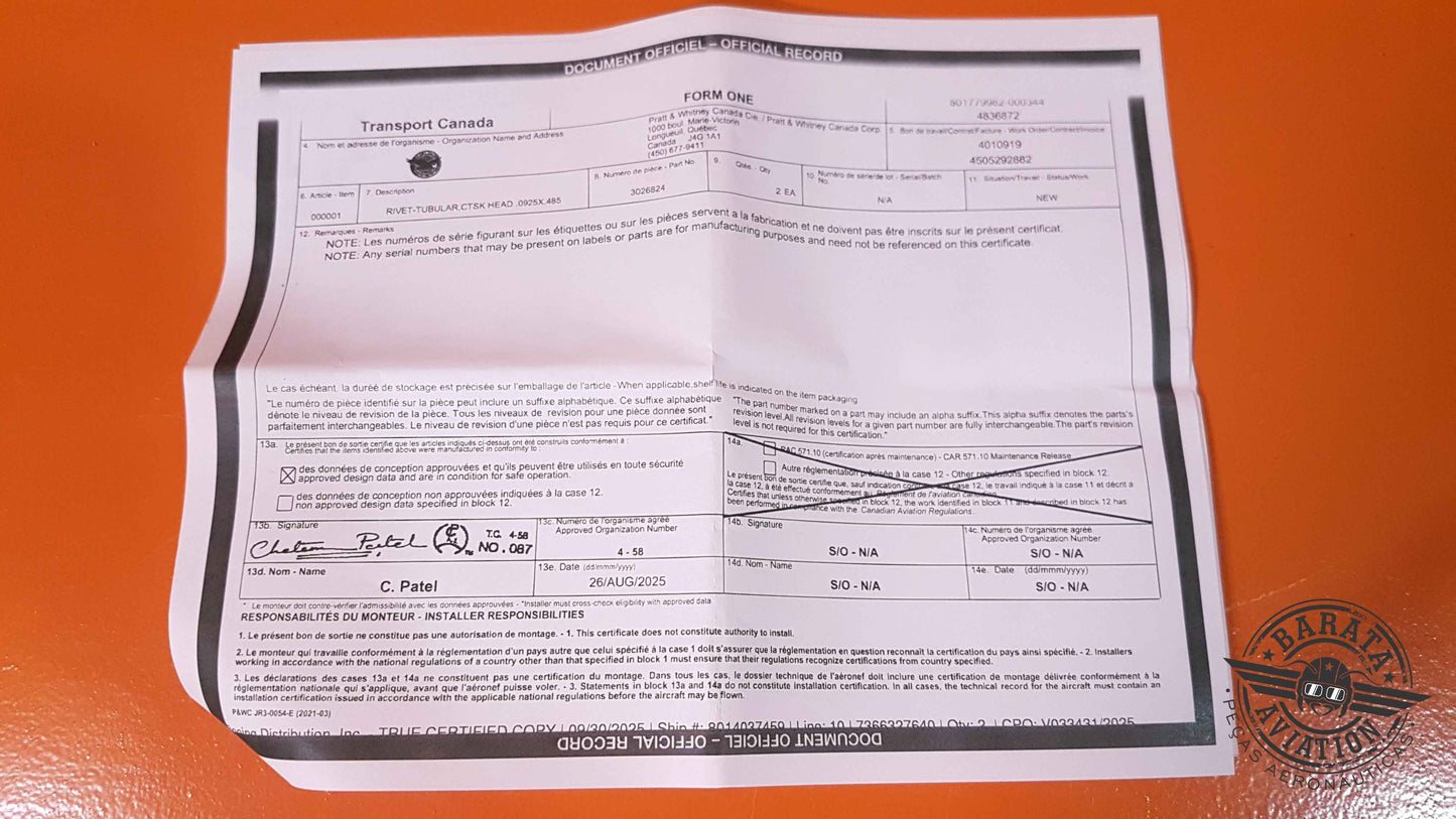 3026824   Pratt & Whitney Rivet  - New - Each